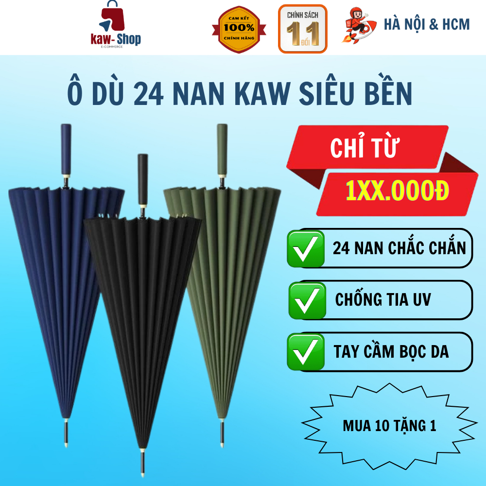 Ô Dù Che Mưa Siêu To 24 Nan KAW Loại Tốt Kiểu Dáng Đẹp, Cán Chắc Chắn, Chống Tia UV - Lỗi 1 Đổi 1