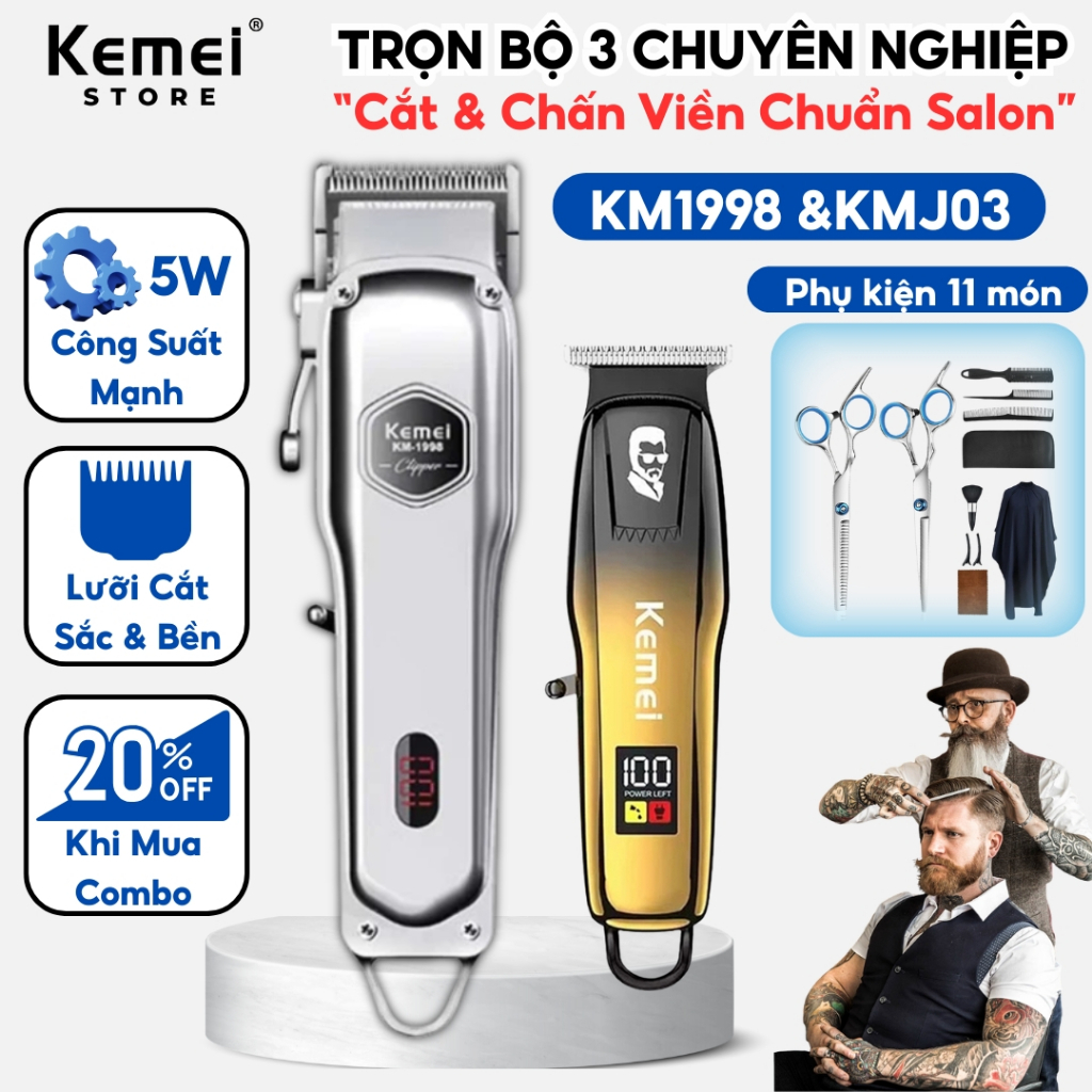 Bộ Tông Đơ Cắt Tóc Cao Cấp KM 1998 + KM J03 Cắt Tóc Tại Nhà Tiện, Pin Trâu, Cắt Mượt, Chấn Viền Sắc