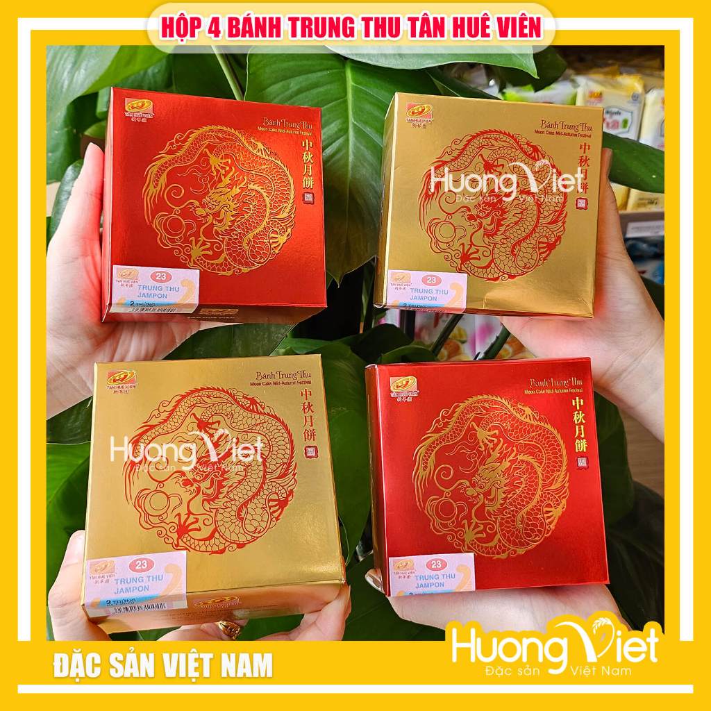 Hộp bánh trung thu Tân Huê Viên Sóc Trăng 4 bánh HV10 ( jambon +  vi cá + k.sa hạt sen + k.sa trà xa