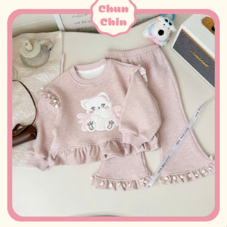 S247 Chun Chin | Set Len Lông Thỏ Hồng Áo Cánh Tiên Thêu Mèo Thiên Thần Quần Loe Cho Bé Gái 8-20kg