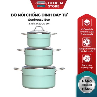 [OUTLET] Bộ nồi chống dính đáy từ Sunhouse SHG1122M - Bộ 3 nồi szie 18/20/24cm - Dùng được trên mọi loại bếp