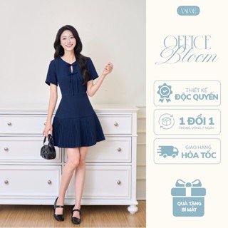 Váy Thiết Kế Nữ YAME Cổ Tròn Đính Cườm Ngắn Tay Chiết Eo Dáng Xòe Xếp Ly Tiểu Thư Xanh & Kem - Batacy YV675