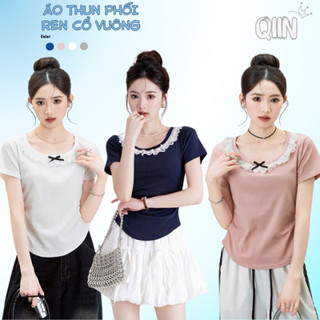  Áo thun kiểu nữ dáng babytee cổ vuông phối ren ôm dáng áo cộc tay đính nơ chiết eo phong cách hàn quốc A195 