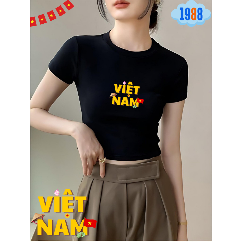 Áo Croptop dáng ôm cho nữ in hình Việt Nam, Áo croptop mừng quốc khánh 2-9 có nhiều hình, vải cotton