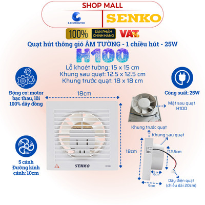 [HỎA TỐC] Quạt hút thông gió 1 chiều Senko H100 (Công suất 25W) - Hàng Chính Hãng - Bảo hành 24 tháng