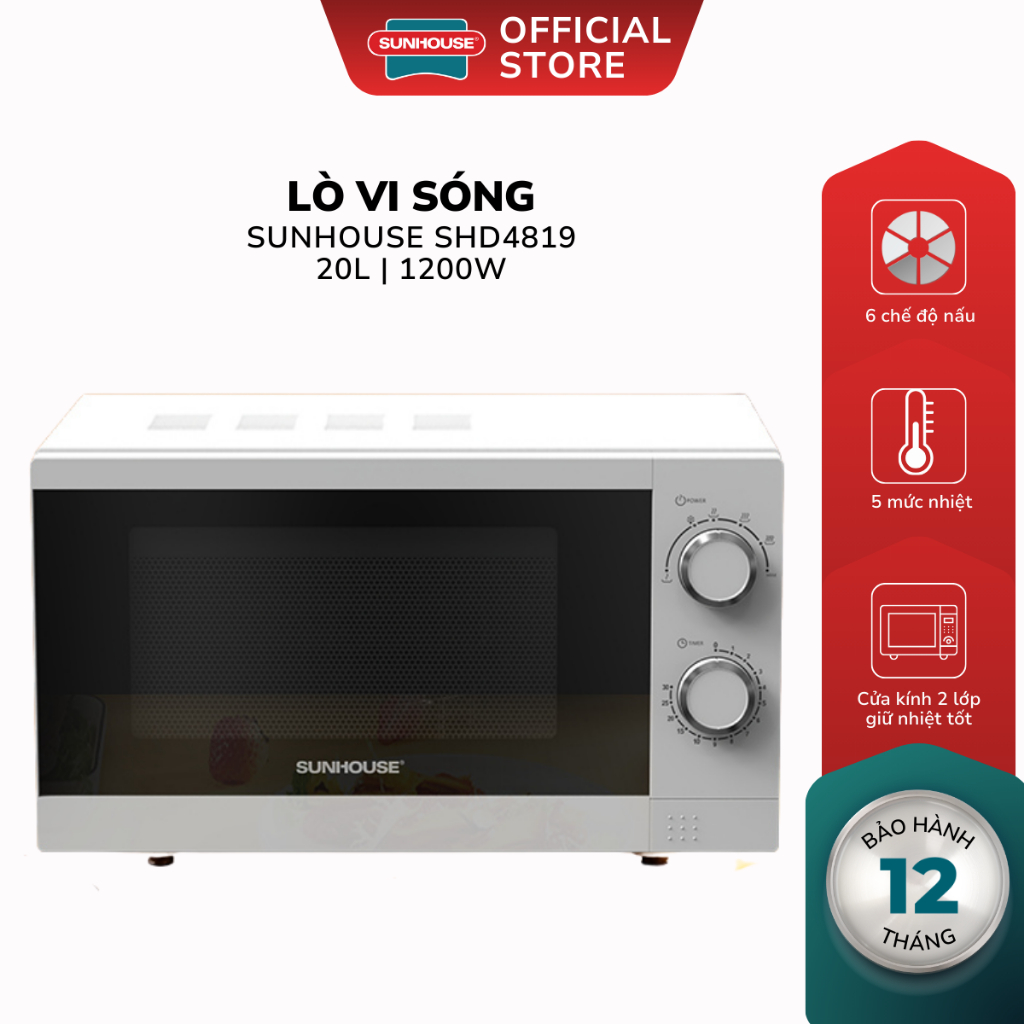 Lò Vi Sóng 20L Sunhouse SHD4819 - Công Suất 1200W, 6 Chế Độ Nấu, Cửa Kính 2 Lớp - Bảo Hành 12 Tháng
