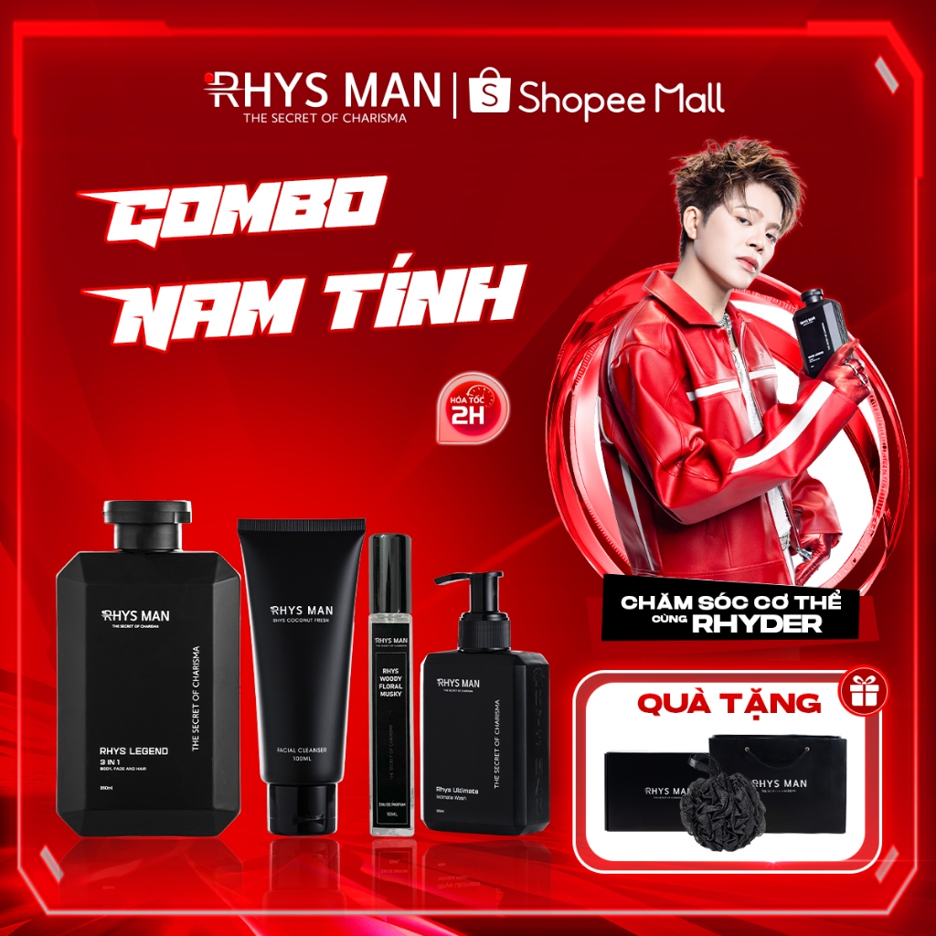 Bộ quà tặng-Sữa tắm gội 3in1 350ml & Sữa rửa mặt 100ml & Dung dịch vệ sinh 120ml & Nước hoa nam RHYS MAN