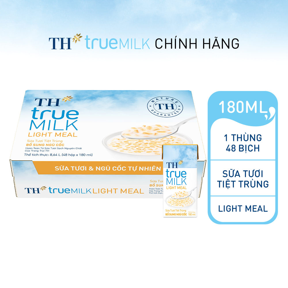 Thùng 48 hộp sữa tươi tiệt trùng TH True Milk Light Meal bổ sung ngũ cốc 180ml (48H)