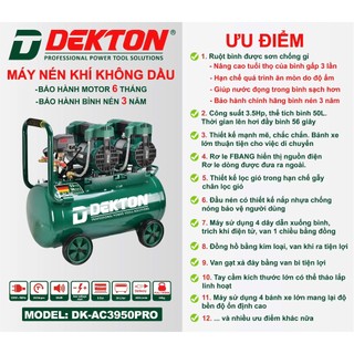 Máy Nén Khí Dekton ,  DK-AC3950PRO , Không Dầu , 3.5HP , 400L-p , Áp 8Bar , Thời Gian Nạp Hơi Đầy 56 Giây