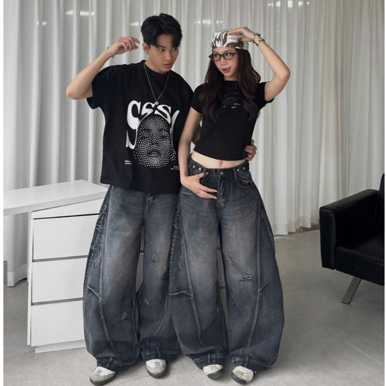 Quần Jeans Ống Cong Wash PREMIUM Đứng Form Tôn Dáng Unisex Nam Nữ - Đai Siết Eo | SSSTore.Aesthetic | BigBuy360 - bigbuy360.vn