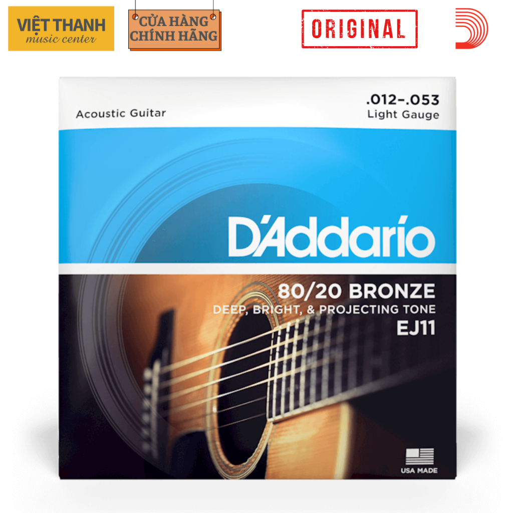 [Chính Hãng] Bộ Dây Đàn Guitar Acoustic, Dây Sắt - D'Addario EJ11 - 80/20 Bronze, Kích Cỡ 12-53