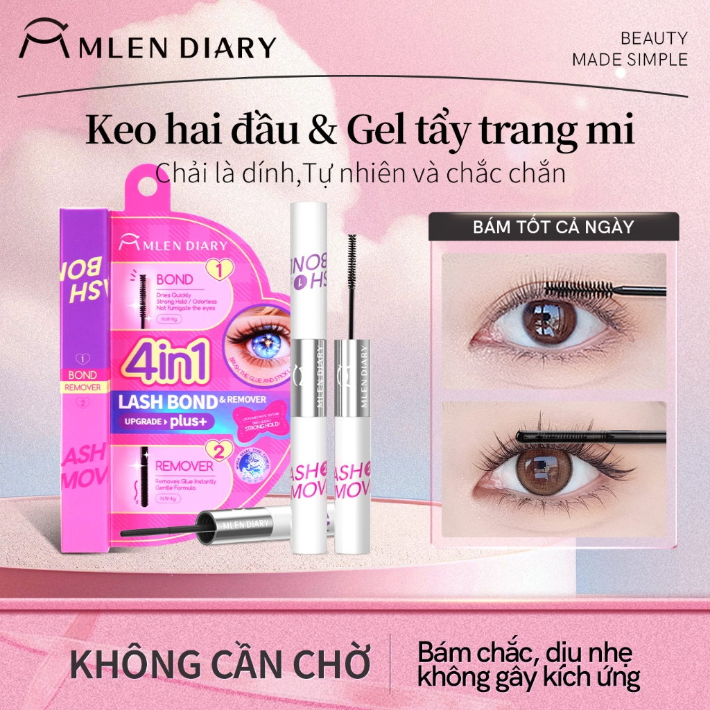 Keo Hai đầu Mascara 4in1 MLEN DIARY CHÍNH HÃNG KEO Kết Hợp Dung Dịch Tẩy Keo, Tiết Kiệm Thời