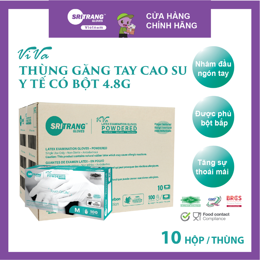 Thùng găng tay y tế có bột Latex Sri Trang VIVA 4.8g 100 chiếc/hộp