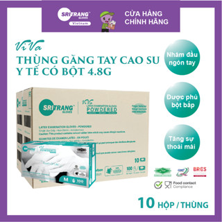 Thùng găng tay y tế có bột Latex Sri Trang VIVA 4.8g 100 chiếc/hộp