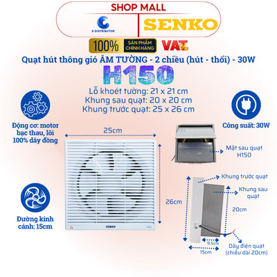[HỎA TỐC] Quạt hút thông gió âm tường Senko H150 - Công suất 30W - Hàng Chính Hãng