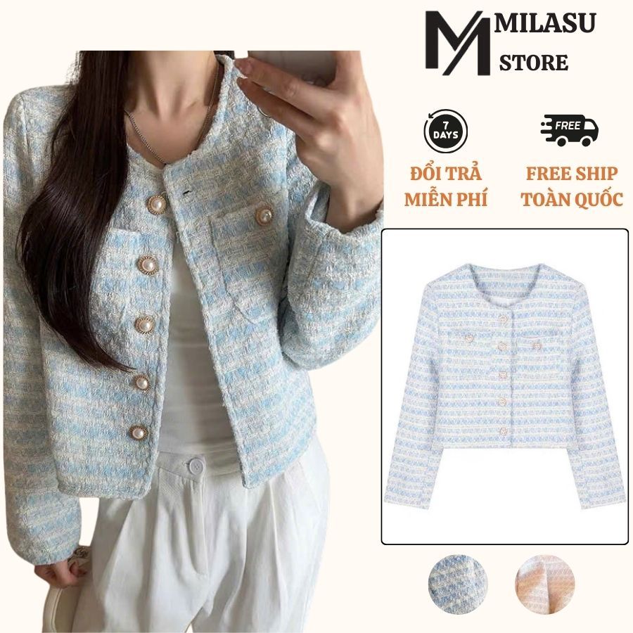 Áo Khoác Nữ Dạ Sweed 2 Lớp Phối Cúc Ngọc Trai Milasu Áo Dạ Ngắn Cổ Tròn Dày Dặn 456