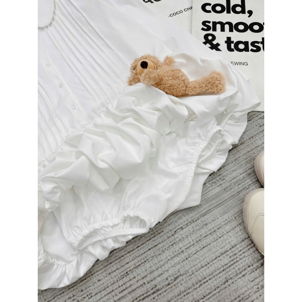 (V.03 Kèm Gấu-Nơ Thome); Váy Sơ Mi Trắng Cổ Sen Xếp Ly Ngực Dáng Babydoll Kèm Phụ Kiện Có Bảo Hộ Rời Vibe  -Lollaye | BigBuy360 - bigbuy360.vn