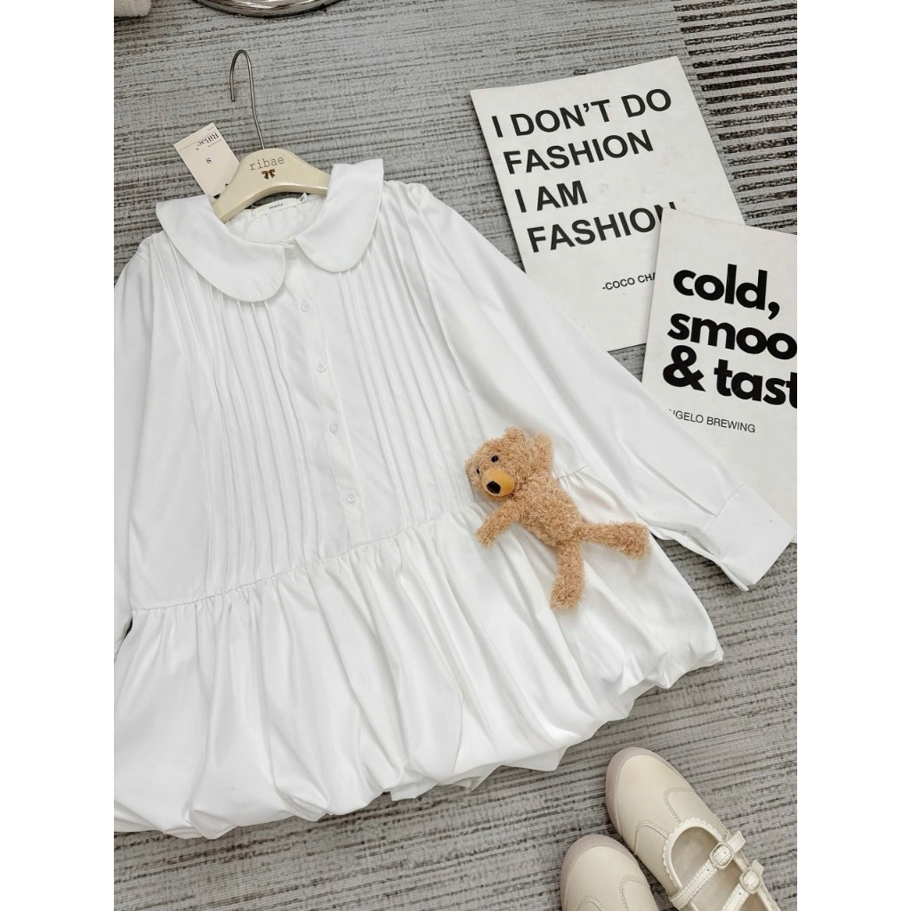 (V.03 Kèm Gấu-Nơ Thome); Váy Sơ Mi Trắng Cổ Sen Xếp Ly Ngực Dáng Babydoll Kèm Phụ Kiện Có Bảo Hộ Rời Vibe  -Lollaye | BigBuy360 - bigbuy360.vn