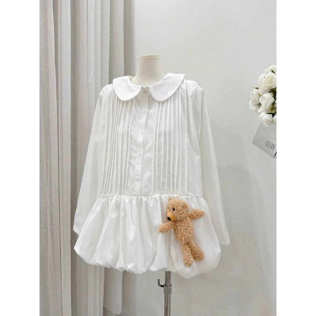 (V.03 Kèm Gấu-Nơ Thome); Váy Sơ Mi Trắng Cổ Sen Xếp Ly Ngực Dáng Babydoll Kèm Phụ Kiện Có Bảo Hộ Rời Vibe  -Lollaye | BigBuy360 - bigbuy360.vn