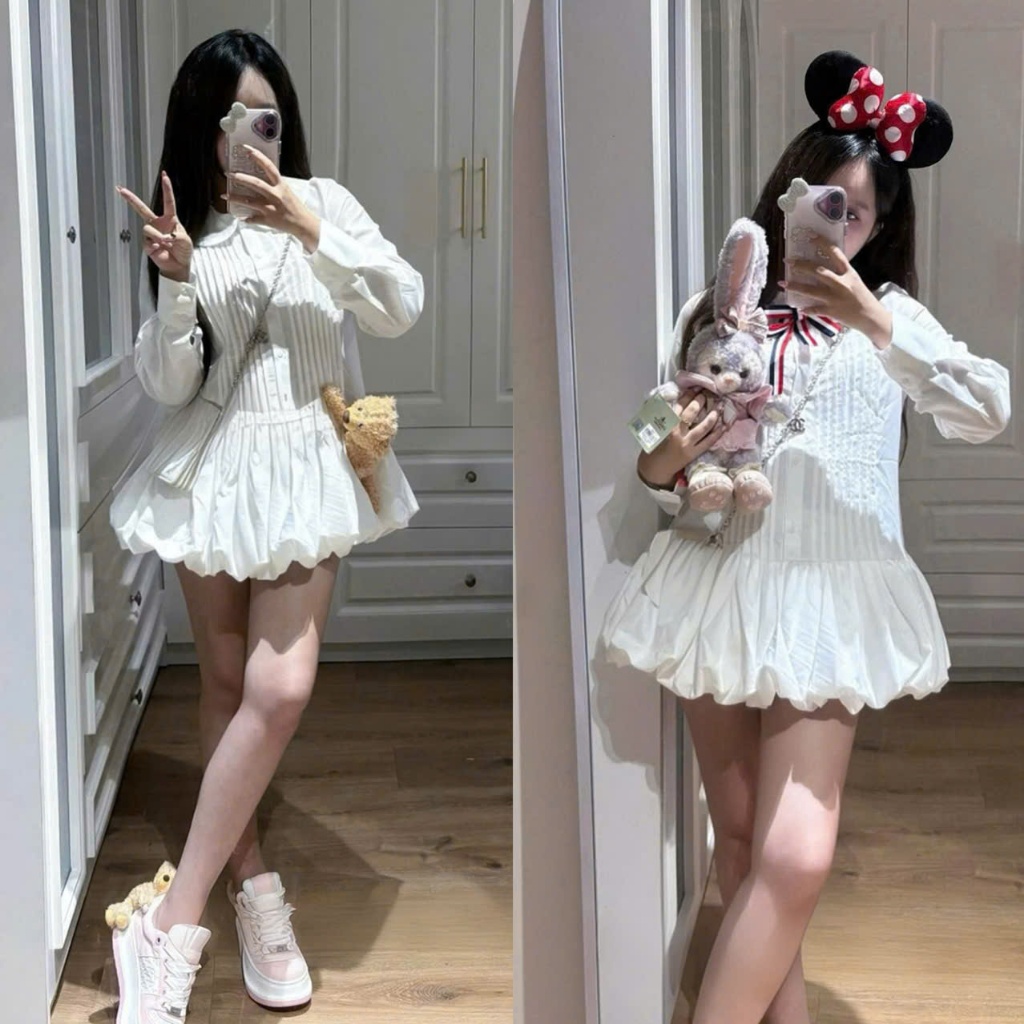 (Kèm Gấu-Nơ Thome); Váy Sơ Mi Trắng Cổ Sen Xếp Ly Ngực Dáng Babydoll Kèm Phụ Kiện Có Bảo Hộ Rời Vibe