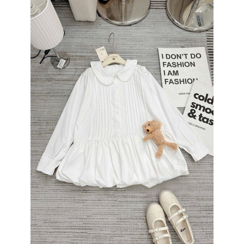 (V.03 Kèm Gấu-Nơ Thome); Váy Sơ Mi Trắng Cổ Sen Xếp Ly Ngực Dáng Babydoll Kèm Phụ Kiện Có Bảo Hộ Rời Vibe  -Lollaye | BigBuy360 - bigbuy360.vn