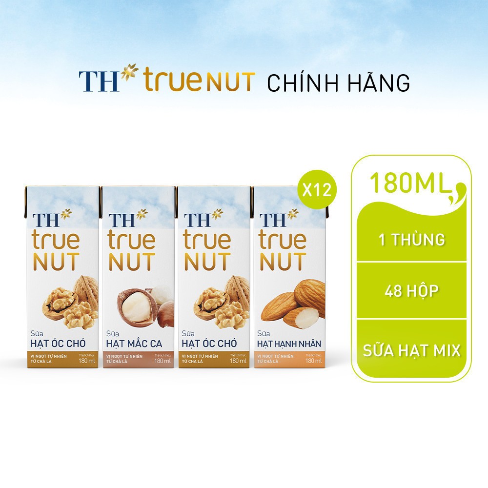 Combo mix 12 lốc sữa hạt óc chó, mắc ca, hạnh nhân TH true NUT (180ml x 48 hộp)