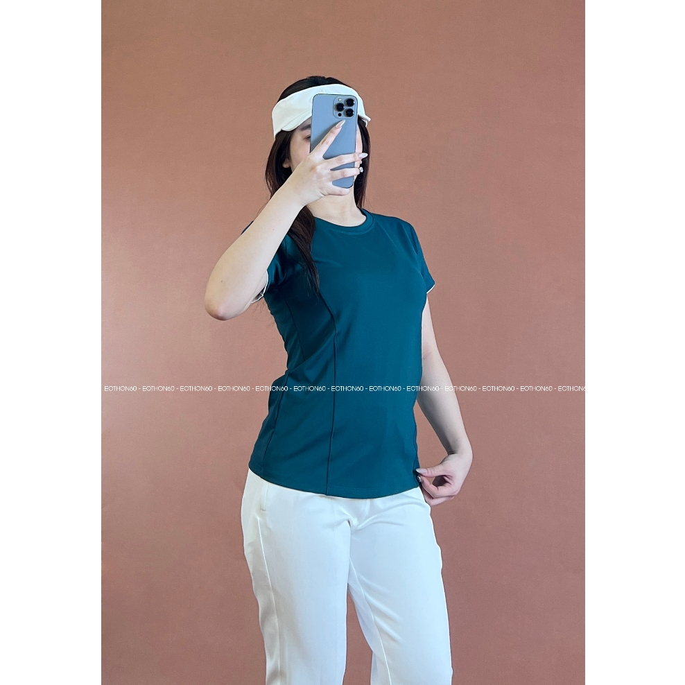 Áo viền tay Màu Xanh Cổ Vịt , Quần không bo Trắng Trơn