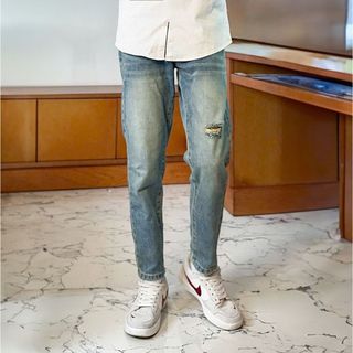 Quần jean nam xanh retro rách nhẹ chất jean cotton quần rin nam QJN445 