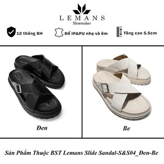 Dép nam SLIDE SANDAL S&S5.04 LEMANS - Đen&Be quai chéo, đế 2 lớp cao 5.5cm, mũ may 3 lớp, Bảo hành chính hãng 12 tháng