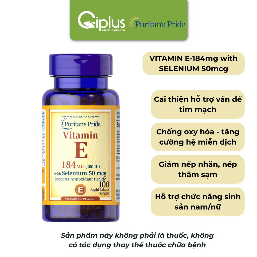 Viên Uống Đẹp Da Vitamin E 184mg with Selenium 50mcg Puritan's Pride
