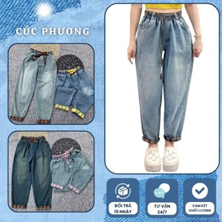   DEAL MỞ BÁN  Quần jean bò nữ lưng thun cạp phối kẻ dáng baggy 9 tấc có big size đến 75kg vải mềm không co giãn 