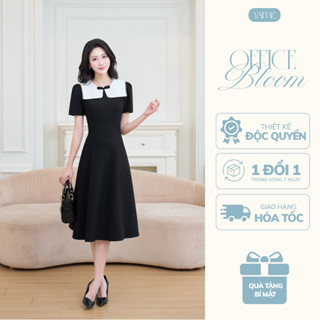 Váy Đầm Thiết Kế Nữ YAME Cổ Tròn Nơ Đính Đá Phối Vạt Trắng Viền Ren Tay Bồng Chiết Eo Dài Đen Công Sở - Gabrie YV666