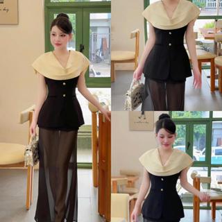  K49 Set  áo và chân váy  áo phối cổ đổ ôm eo kèm chân váy phối tơ - Thư Shop 