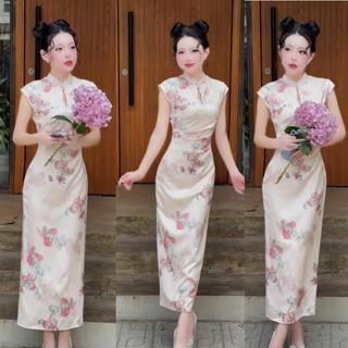  K50 Váy hoa leo sườn xám dáng dài - Thư Shop Váy Thiết Kế 