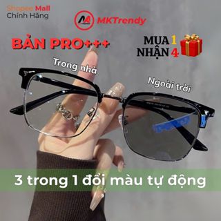 Kính đổi màu nam nữ MKTRENDY gọng kim loại nửa viền clubmaster chống ánh sáng xanh chống tia UV thời trang