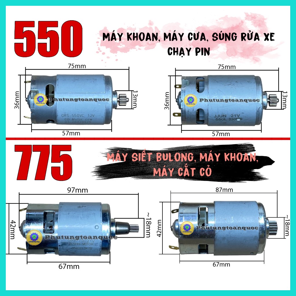 Động Cơ 550 Và 775 Motor Chạy Pin DC 12v - 21v Sử Dụng Cho Máy Khoan, Bulong, Cưa Xích, Cắt Cỏ, Súng