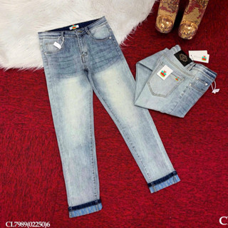  Quần jean bò nam PB slimfit xanh khói trơn xước in chữ túi phối vân monogram ống xắn basic boy phố 