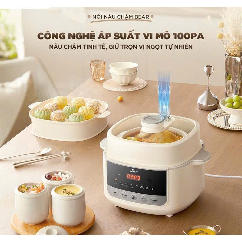 Nồi Nấu Cháo Chậm BEAR 2.5L Có Xửng Hấp 8 Chế Độ Nấu Hầm Hấp Nấu Chậm Cho Bé Giữ Trọn Dinh Dưỡng SC-