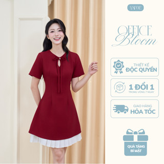 Váy Thiết Kế Nữ YAME Cổ Tròn Khoét Giọt Lệ Nơ Đá Tay Ngắn Chiết Eo Dáng Ngắn Phối Xếp Ly Đen Đỏ Tiểu Thư - Obert YV652