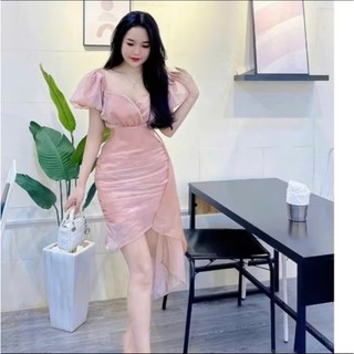 Đầm đuôi cá thời trang nữ sang chảnh đi tiệc chất voan bóng cổ vuông tay ngắn phồng đầm váy kiểu xéo dài ngang gối