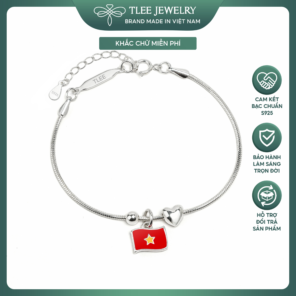 Vòng tay bạc nữ TLEE charm lá cờ đỏ sao vàng Quốc kỳ Việt Nam tag khắc chữ theo yêu cầu miễn phí TLE