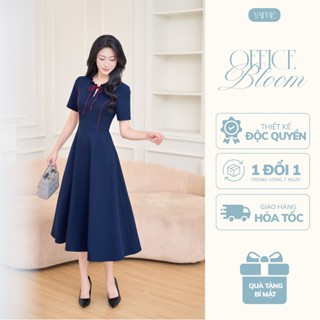 Váy Đầm Thiết Kế Nữ YAME Cổ Tròn Bèo Khoét Giọt Nước Phối Nơ Viền Đỏ Chiết Eo Dáng Xòe Dài Xanh Thanh Lịch - Evie YV690