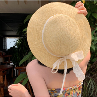  Nón cói đầu bằng đi biển phối dây ren thắt nơ YNCaps mũ cói nữ rộng vành chống nắng đi biển vintage 