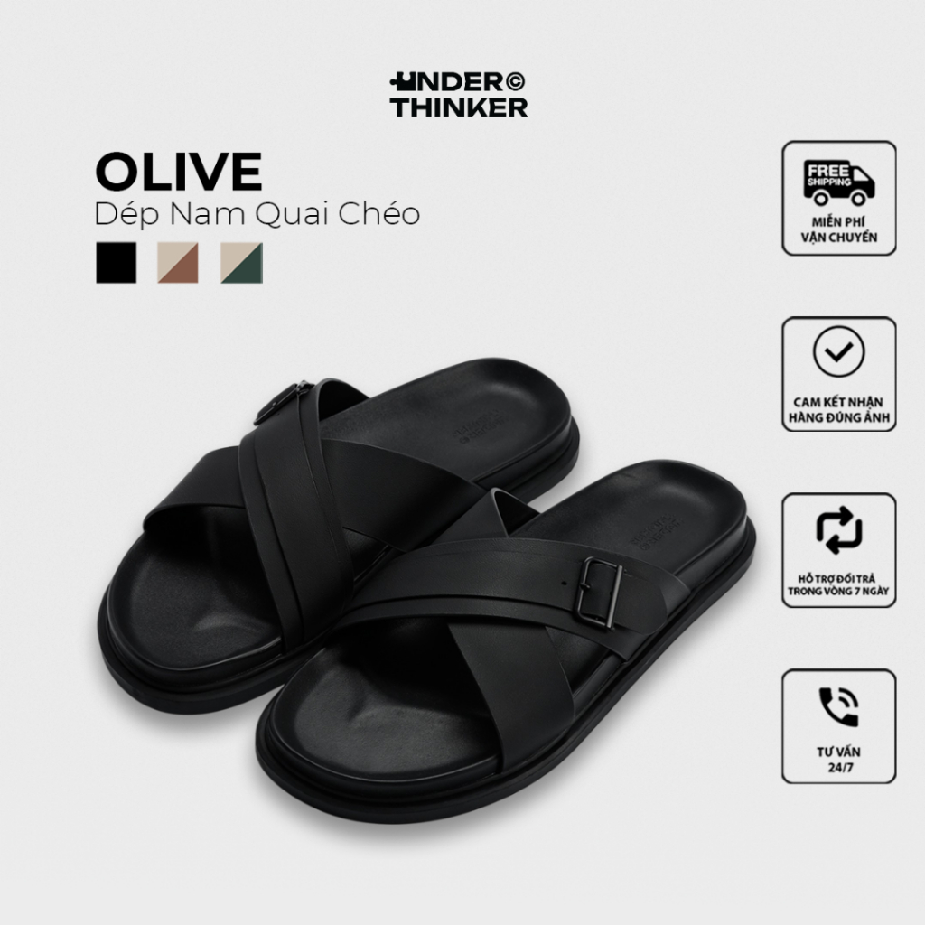 Dép Da Microfiber OLIVE Hai Quai Ngang Nam Nữ Chống Trượt Có Khoá Cài | UNDERTHINKER