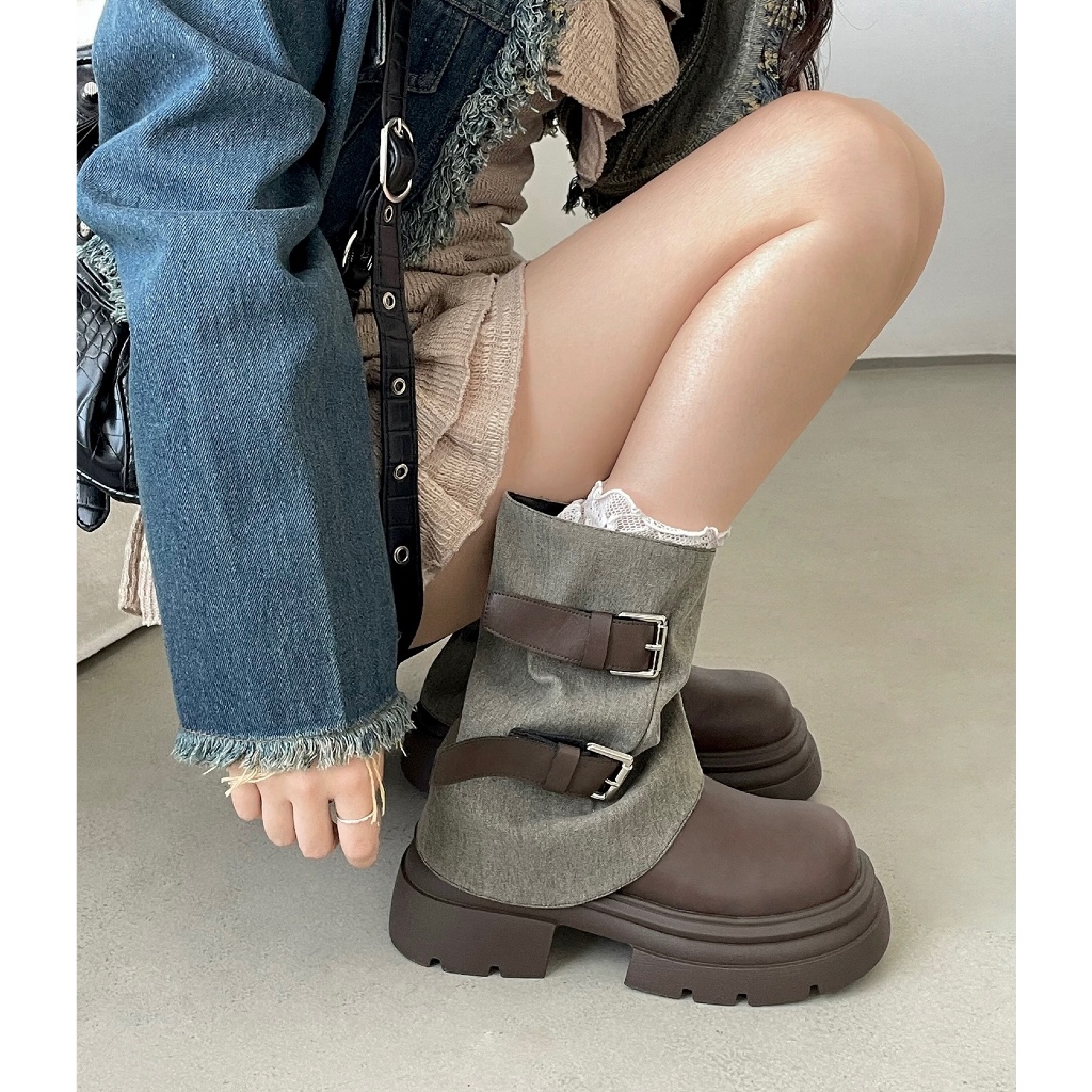 Giày bốt nữ, boost nữ đế cao 6cm cổ lửng da trơn khuy ngang phối màu hottrend