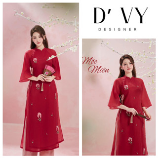 Áo Dài Dáng Xuông Thêu Hoa vải voan tơ crep  màu Đỏ may 4 tà dễ mặc mọi sự kiện - Áo Dài Mộc An