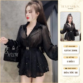  Sét đồ nữ áo sơ mi kim sa phom rộng kèm quần trong và dây đai khóa mỡ Tibu_hum fashion 