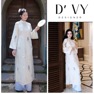 Áo Dài Cách Tân "Diên Phúc" Dáng Xuông Vải Voan thêu 2 lớp màu kem Be - Áo Dài Phương Vy 