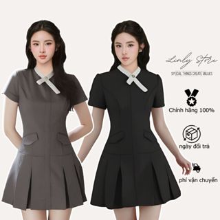 Váy liền thân thiết kế xếp ly phối cổ vạt chéo, đầm kiểu nữ dáng ngắn tiểu thư Linly Store V-VPC19