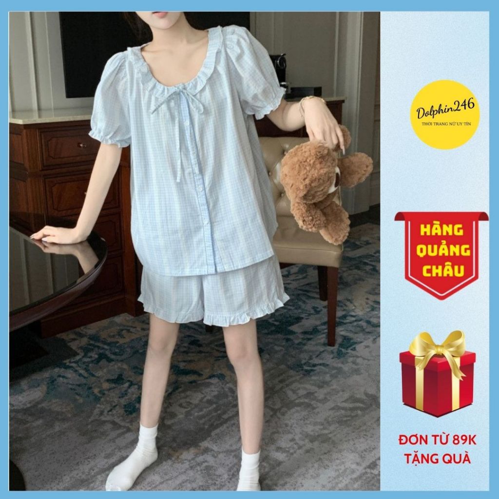 Bộ đồ ngủ nữ Dolphin246, bộ đồ kẻ sọc nữ tính dễ thương tay ngắn quần short, set pyjama mùa hè thoán